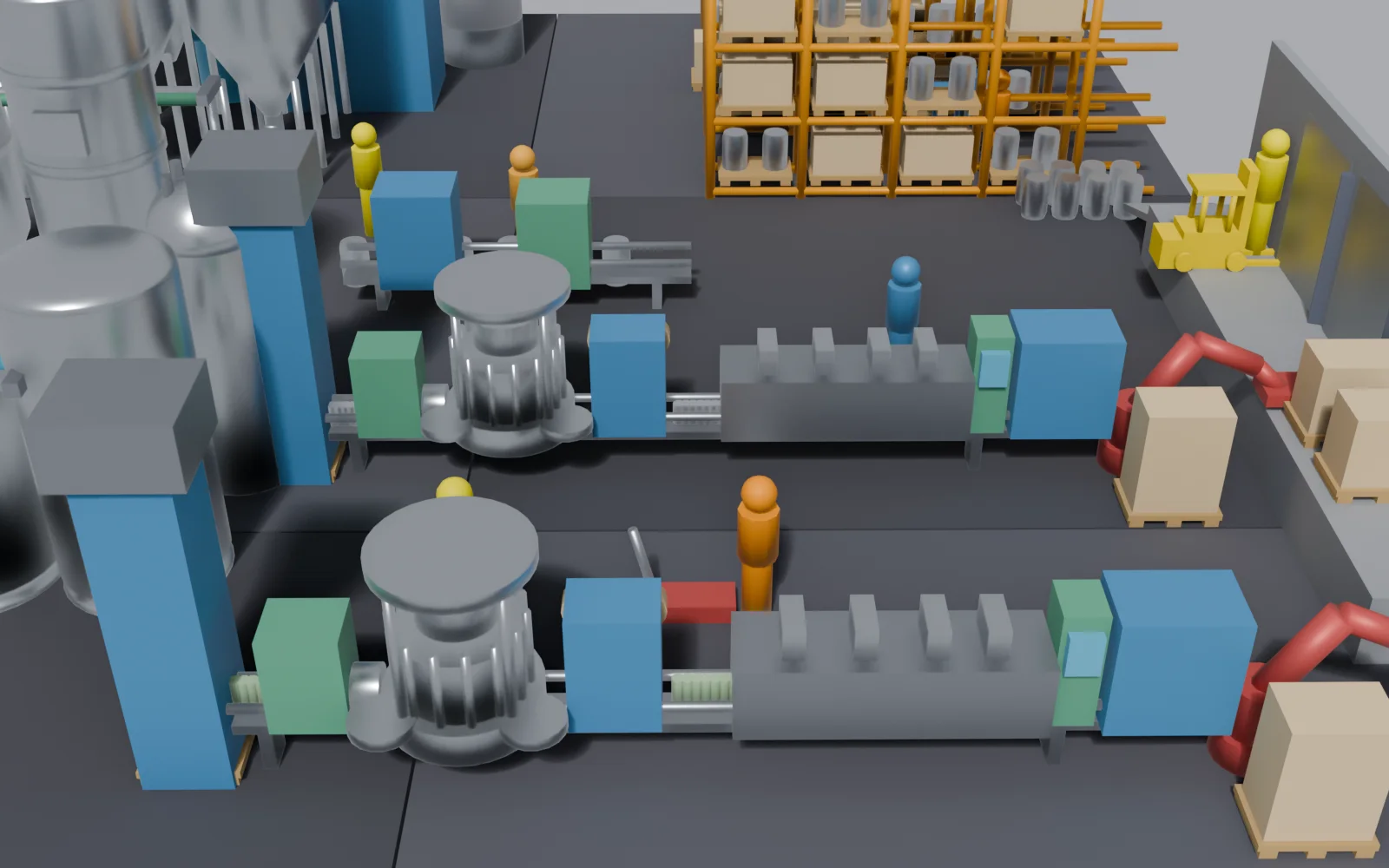 Digitale Nahaufnahme einer Modellstudie mit Abfüllmaschinen, Fördertechnik und Verpackungsbereich.