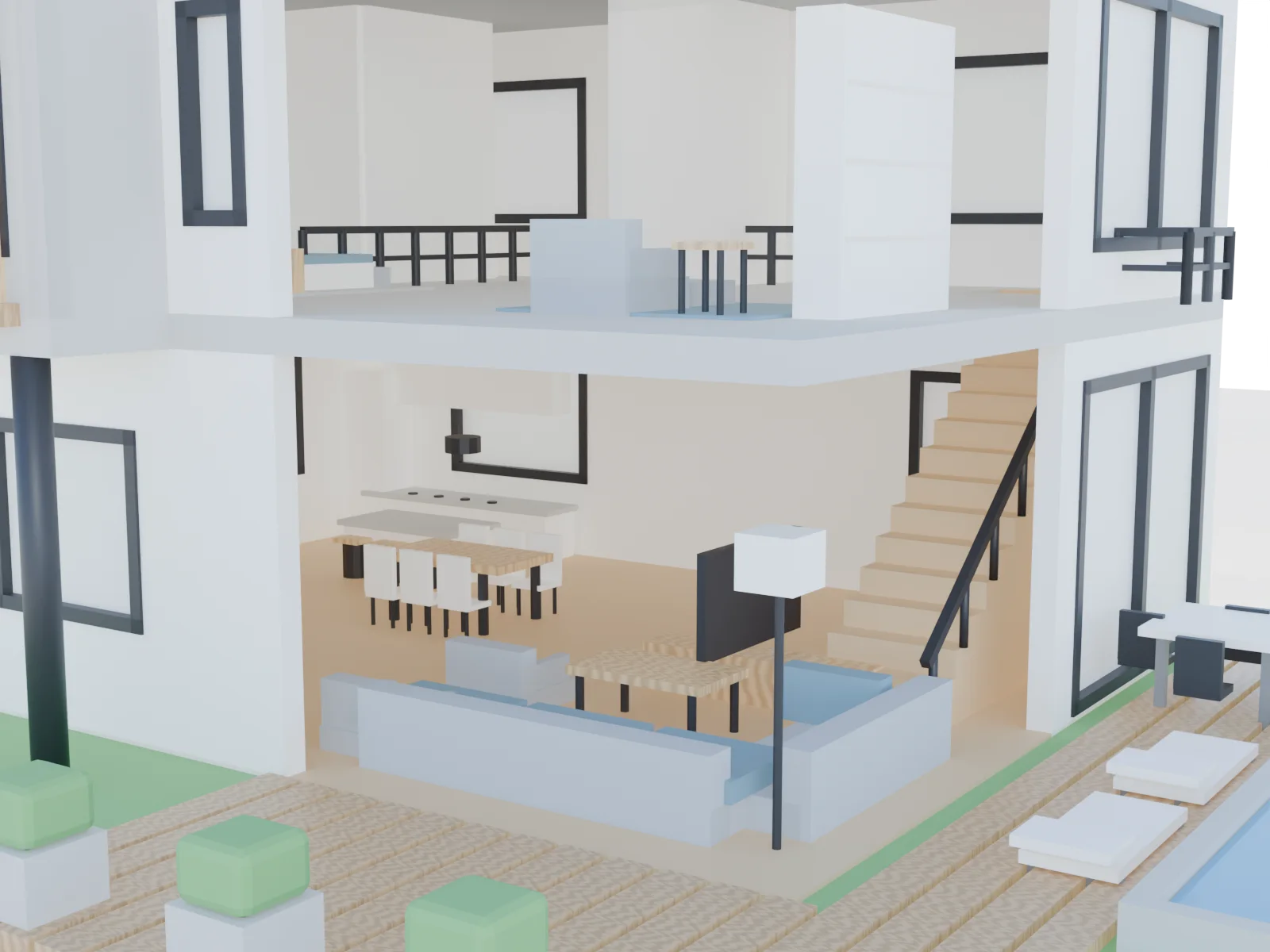 Digitale Schnittansicht der VILLA-01-Modellstudie mit offenen Geschossen, Treppe und Raumaufteilung.
