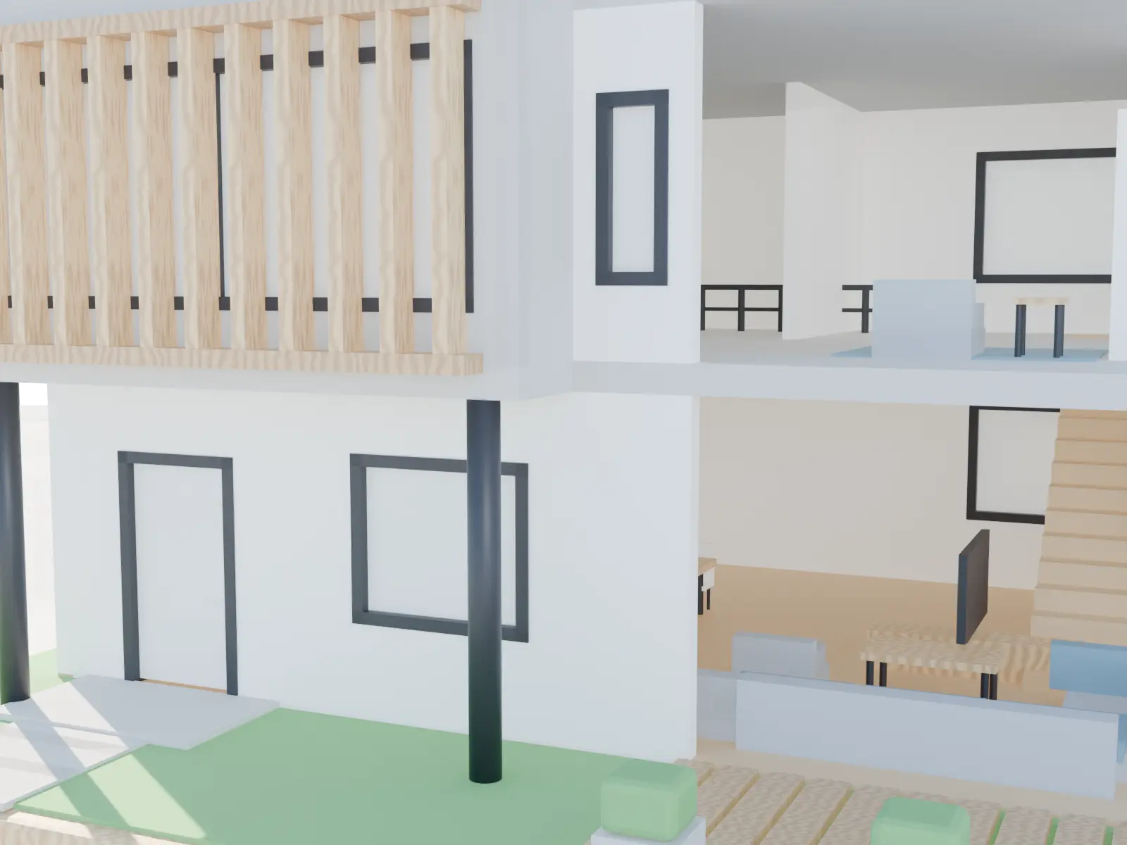 3D-gedrucktes Hausmodell als persönliches Geschenk: Detail der Fassade mit Holzlamellen und Terrasse