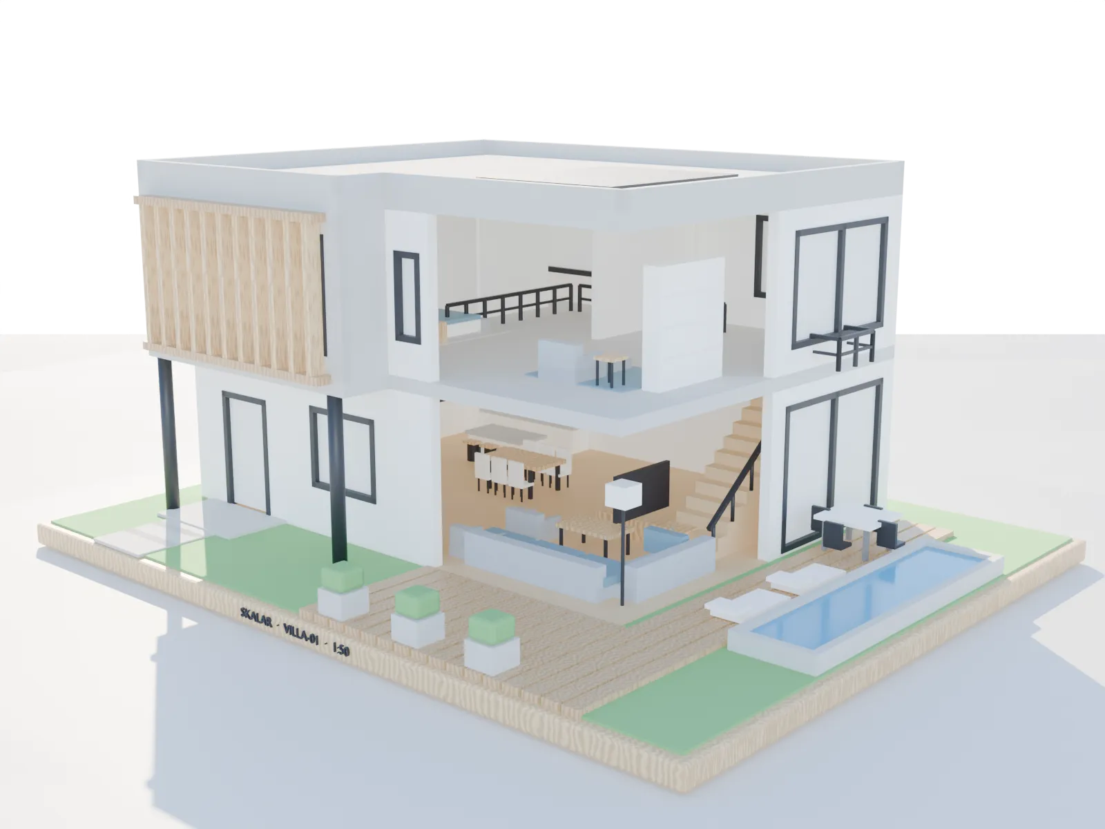 Modell einer modernen Villa mit Pool und abnehmbarem Obergeschoss.