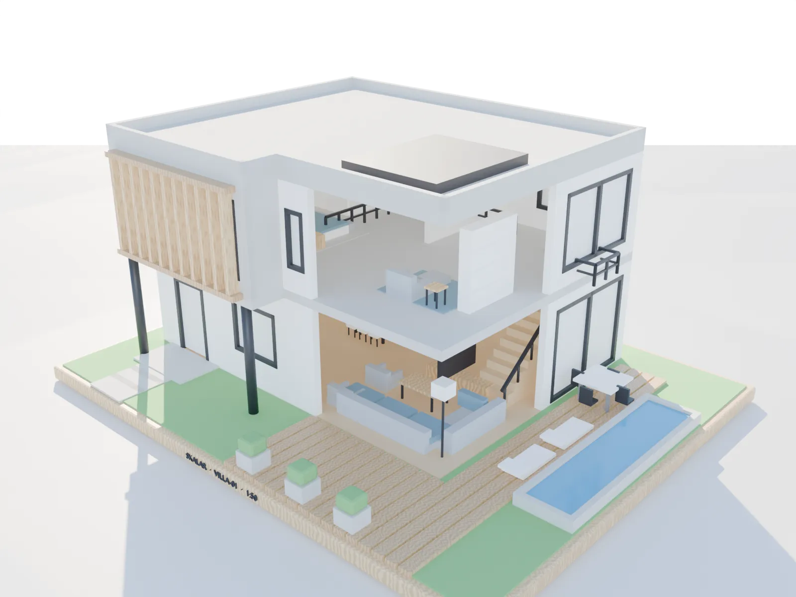 3D-gedrucktes Architekturmodell einer modernen Villa, zerlegbar in Erdgeschoss, Obergeschoss und Dach