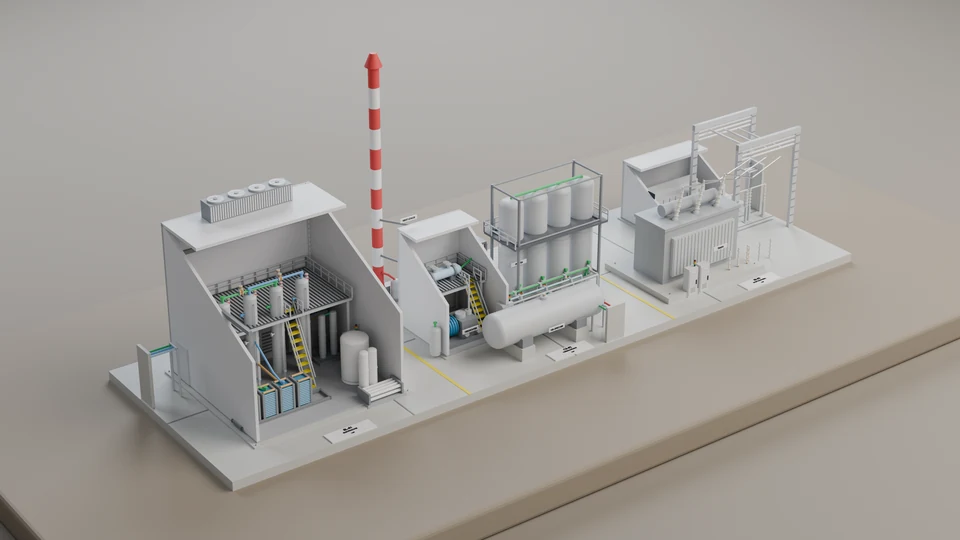 Digitale Gesamtansicht des H₂-Demomodells mit Prozessgebäuden, Rohrleitungen und Tank auf einer gemeinsamen Basis.